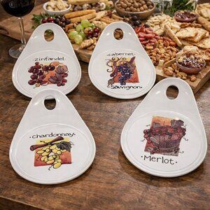SKYE MCGHIE Set of Four Wine-Themed Ceramic Appetizer Plates w Thumbholes